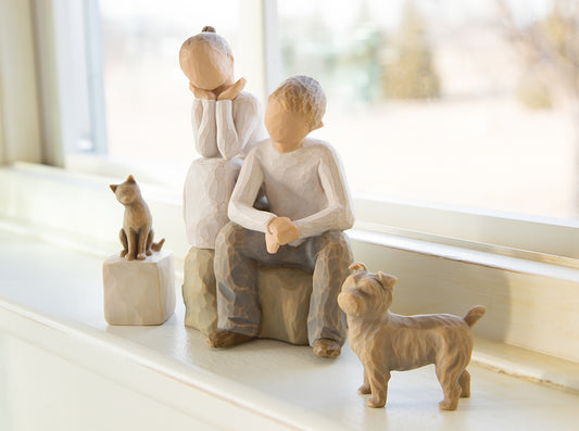 Brother and Sister with Pet Cat and Dog