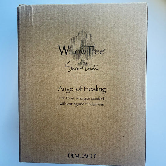 Box for 'Angel of Healing' Willow Tree figurine by Demdaco on a light blue background